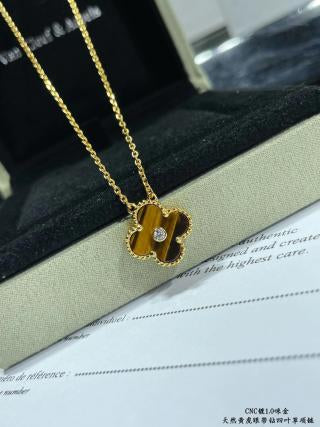 Van Cleef & Arpels Single-Diamond Tiger's Eye Clover Necklace