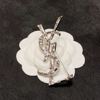 YSL Crystal Monogram Silver Brooch