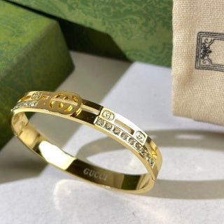 Gucci Interlocking G Oval Emblem Crystal Line Cuff Bracelet